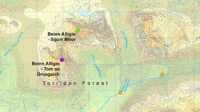 Squares: yellow - changeovers. Circles summits: green - this leg, purple - Now a Munro but not in 1990. Map Colin Matheson