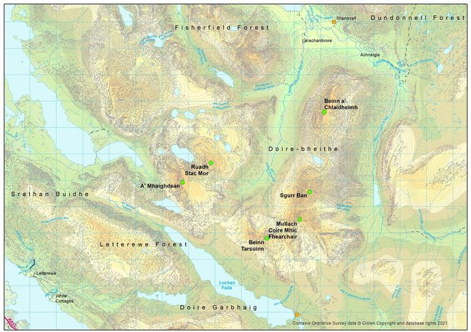 Squares: yellow - changeovers. Circles summits: green - this leg. Beinn a' Chleidheimh has been demoted since the relay. Map Colin Matheson