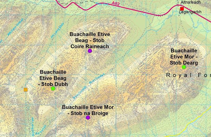 Squares: yellow changeover, red - finish. Circles summits: green - this leg, blue - now a Munro but not in 1990. Map Colin Matheson