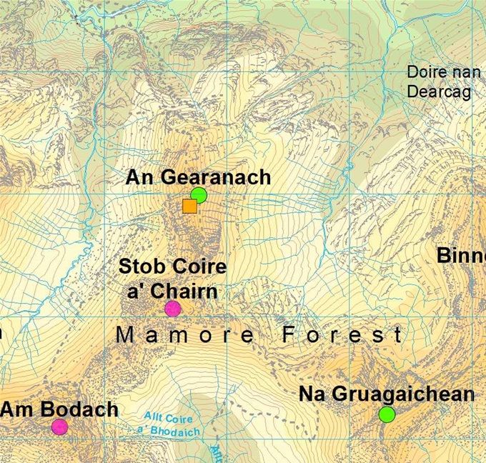 Squares: green - start, yellow - changeover. Circles summits: green - this leg, purple - to do. Map Colin Matheson
