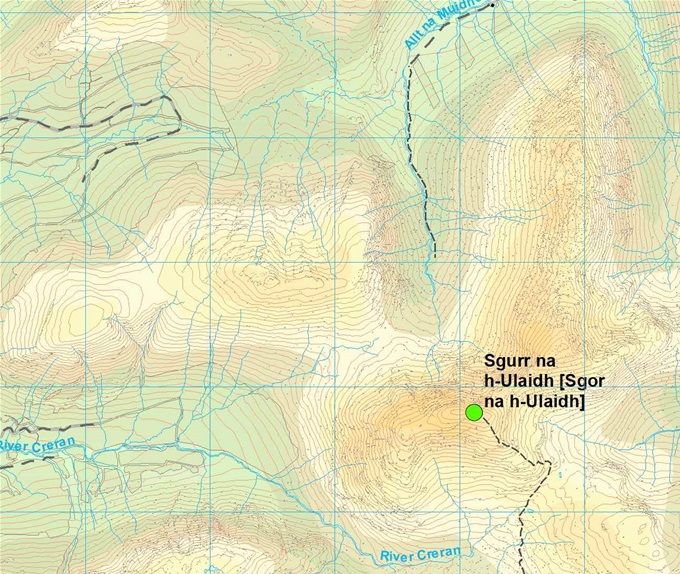 Squares: yellow - changeovers. Circles summits: green - this leg, blue - not a Munro in 1993. Map Colin Matheson