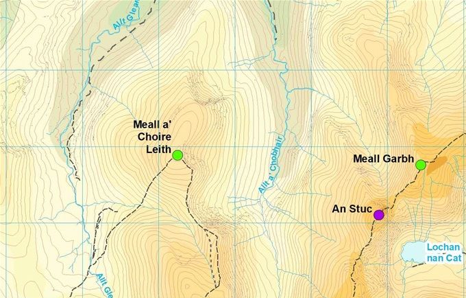 Squares: green - start, red - finish, blue - start and finish of next leg. Circles summits: green - this leg, blue - not a Munro in 1993. Map Colin Matheson