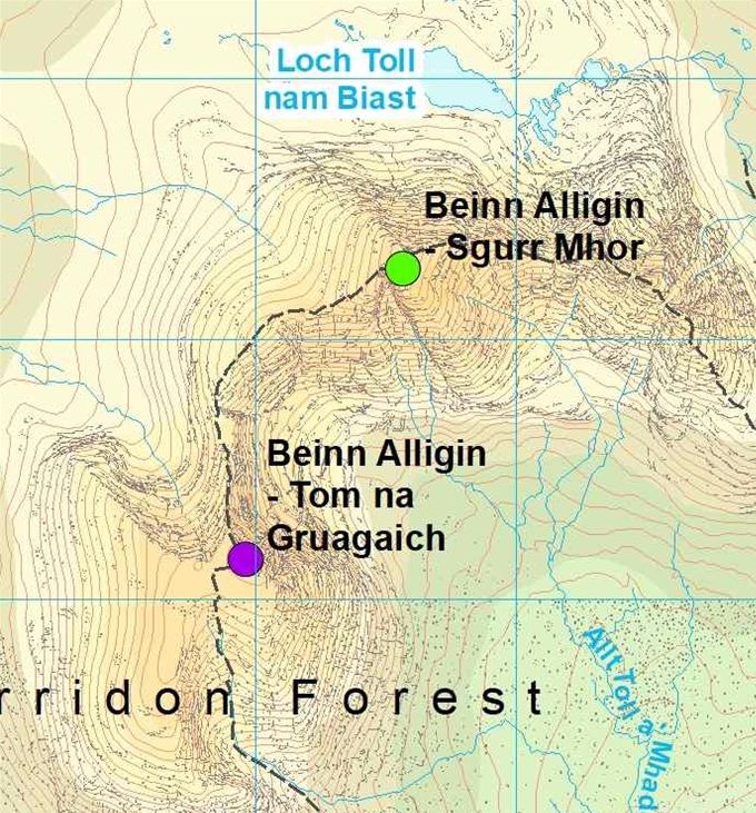 Squares: green - start, yellow - changeover. Circles summits: green - this leg, blue - not a Munro in 1993. Map Colin Matheson